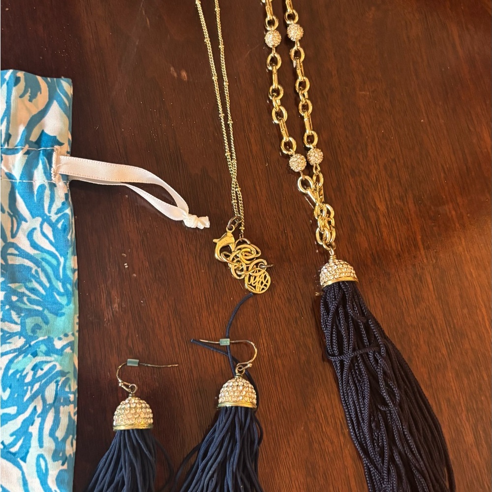 Lilly Pulitzer Gold and Navy Blue Tassel Jewelry Set